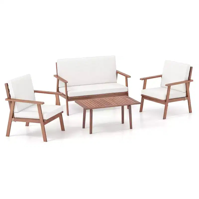 Costway Ensemble de Conversation de Patio 4 Pièces en Bois d'Acacia avec Canapé Table Basse et Coussins
