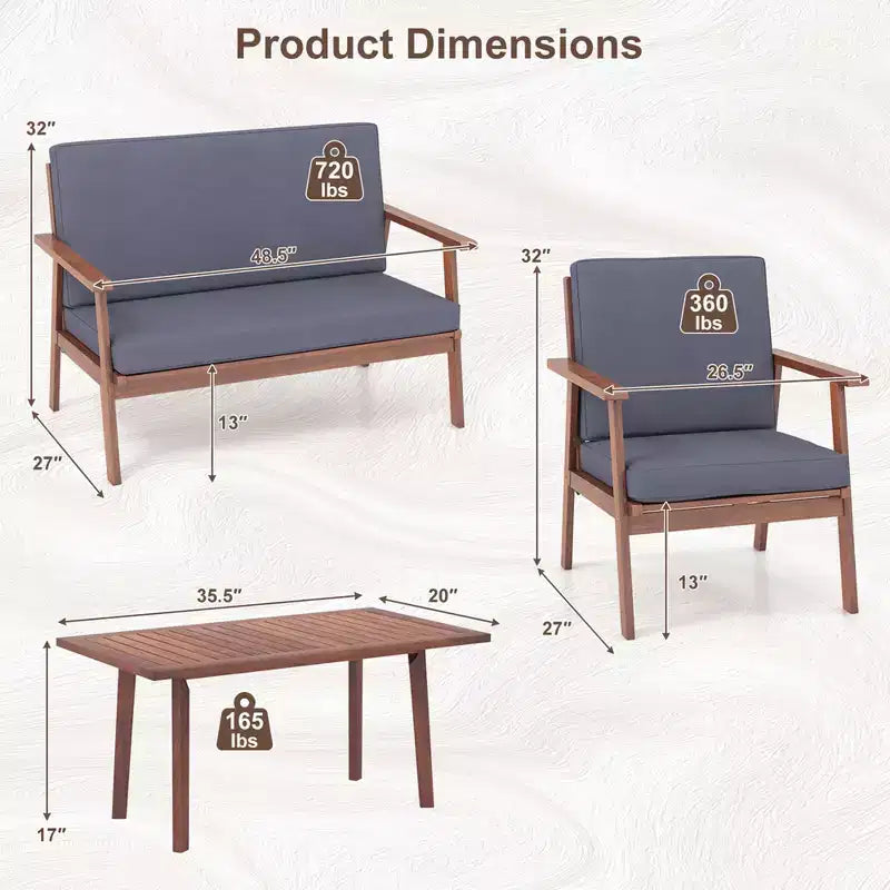 Costway Ensemble de Conversation de Patio 4 Pièces en Bois d'Acacia avec Canapé Table Basse et Coussins