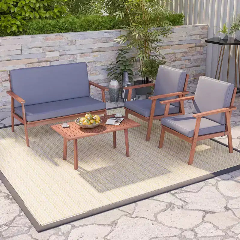 Costway Ensemble de Conversation de Patio 4 Pièces en Bois d'Acacia avec Canapé Table Basse et Coussins