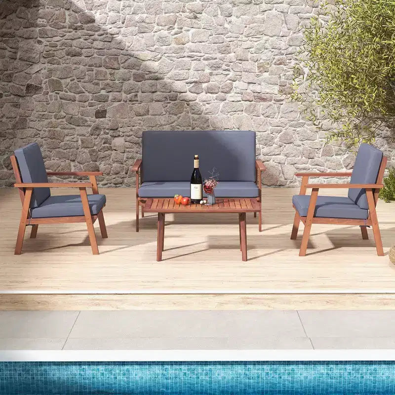 Costway Ensemble de Conversation de Patio 4 Pièces en Bois d'Acacia avec Canapé Table Basse et Coussins