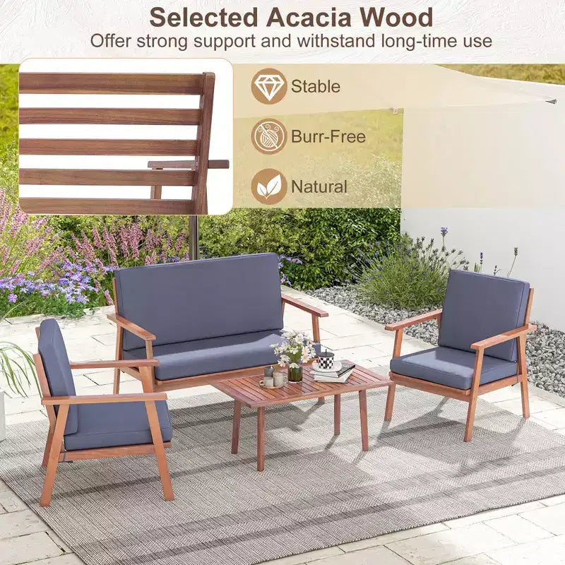 Costway Ensemble de Conversation de Patio 4 Pièces en Bois d'Acacia avec Canapé Table Basse et Coussins