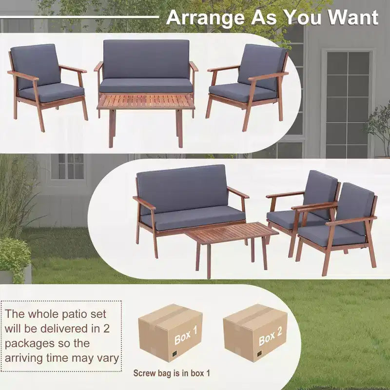 Costway Ensemble de Conversation de Patio 4 Pièces en Bois d'Acacia avec Canapé Table Basse et Coussins