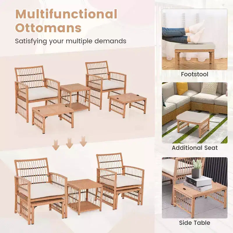 Ensemble de conversation d'extérieur 5 pièces en rotin synthétique avec table basse à 2 niveaux et 2 poufs Costway