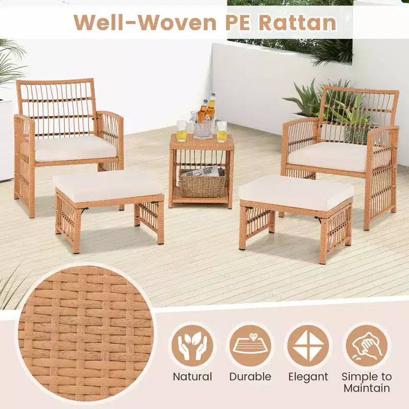 Ensemble de conversation d'extérieur 5 pièces en rotin synthétique avec table basse à 2 niveaux et 2 poufs Costway
