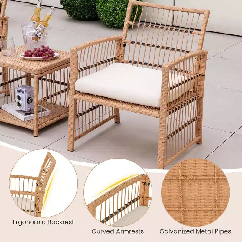 Ensemble de conversation d'extérieur 5 pièces en rotin synthétique avec table basse à 2 niveaux et 2 poufs Costway