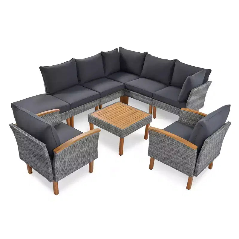 Ensemble de conversation extérieur en rotin 9 pièces, salon de jardin avec table basse et coussin lavable, gris-ModernLuxe