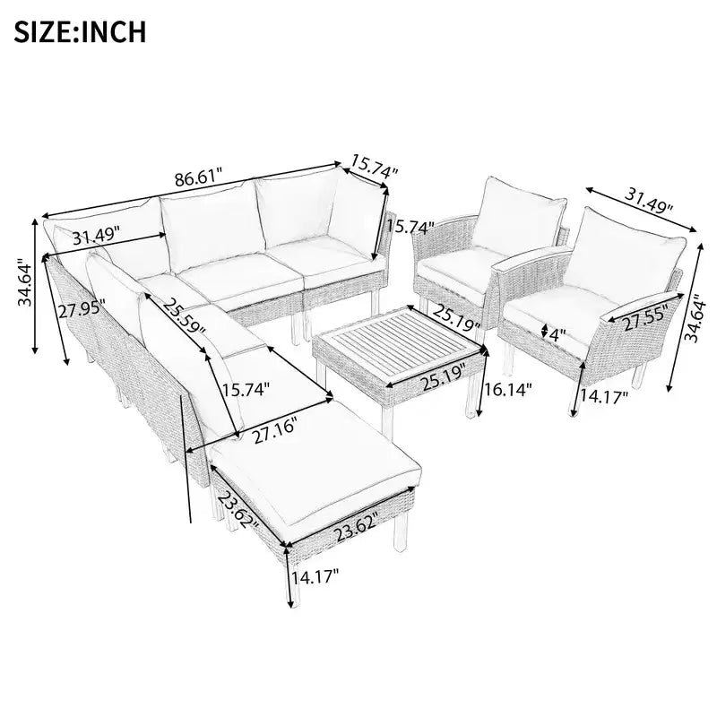 Ensemble de conversation extérieur en rotin 9 pièces, salon de jardin avec table basse et coussin lavable, gris-ModernLuxe
