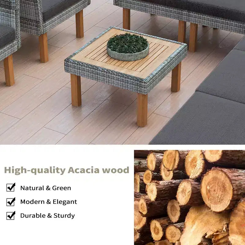 Ensemble de conversation extérieur en rotin 9 pièces, salon de jardin avec table basse et coussin lavable, gris-ModernLuxe