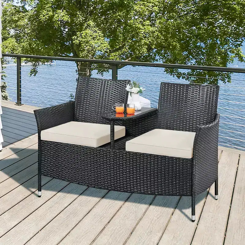 Fauteuil double d'extérieur en osier Yaheetech avec coussins amovibles et 1 table d'appoint en verre trempé, noir