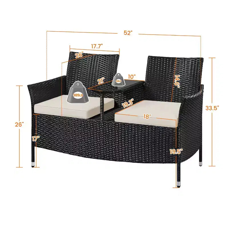Fauteuil double d'extérieur en osier Yaheetech avec coussins amovibles et 1 table d'appoint en verre trempé, noir