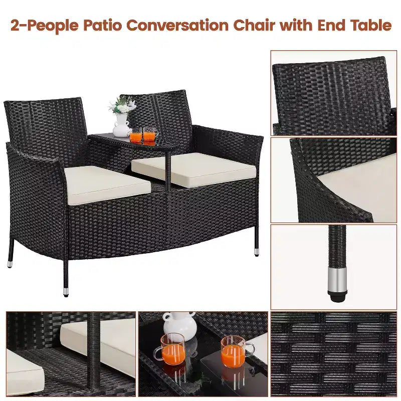 Fauteuil double d'extérieur en osier Yaheetech avec coussins amovibles et 1 table d'appoint en verre trempé, noir