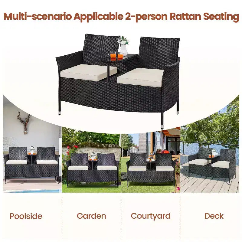 Fauteuil double d'extérieur en osier Yaheetech avec coussins amovibles et 1 table d'appoint en verre trempé, noir