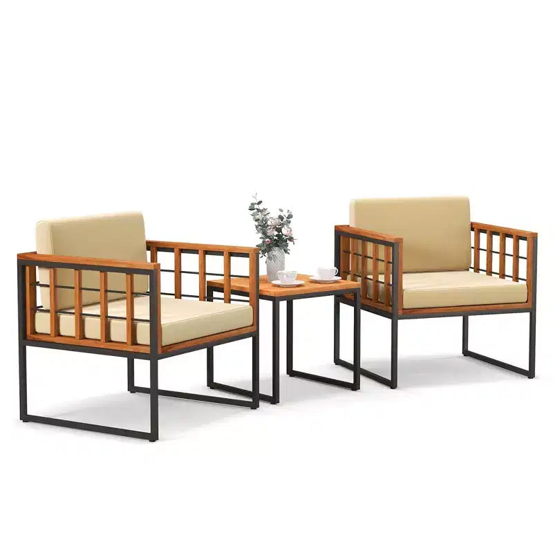 Costway Salon de jardin 3 pièces en bois d'acacia avec coussins moelleux et support en métal