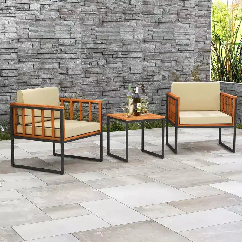 Costway Salon de jardin 3 pièces en bois d'acacia avec coussins moelleux et support en métal