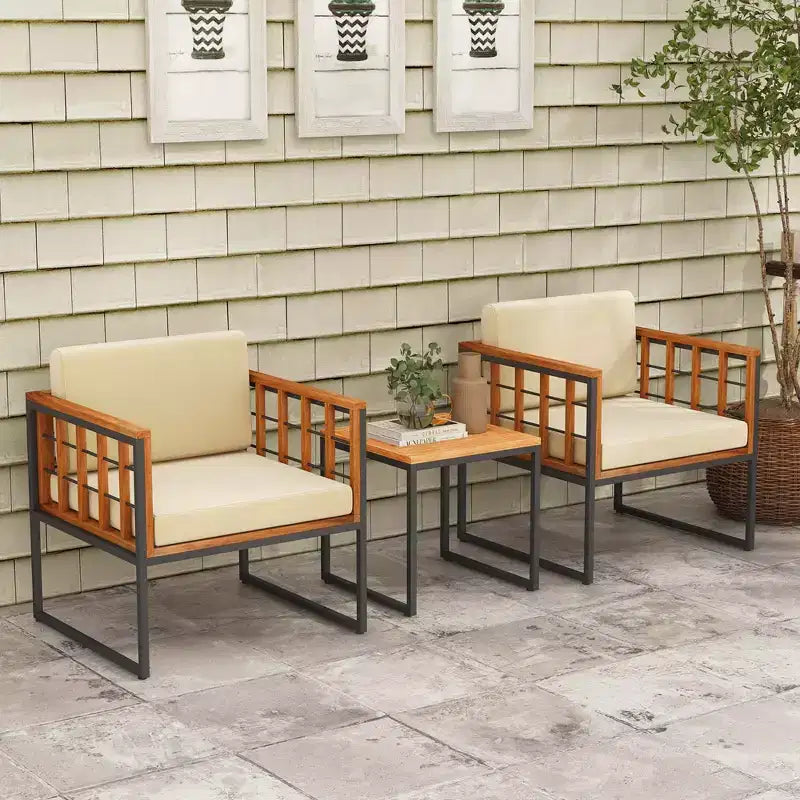 Costway Salon de jardin 3 pièces en bois d'acacia avec coussins moelleux et support en métal