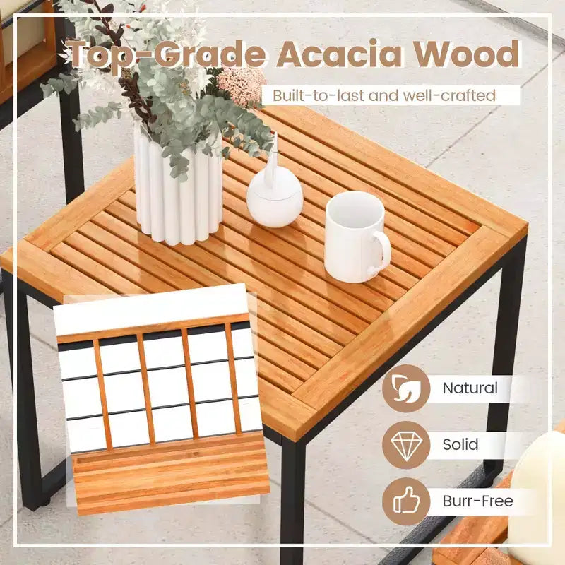Costway Salon de jardin 3 pièces en bois d'acacia avec coussins moelleux et support en métal