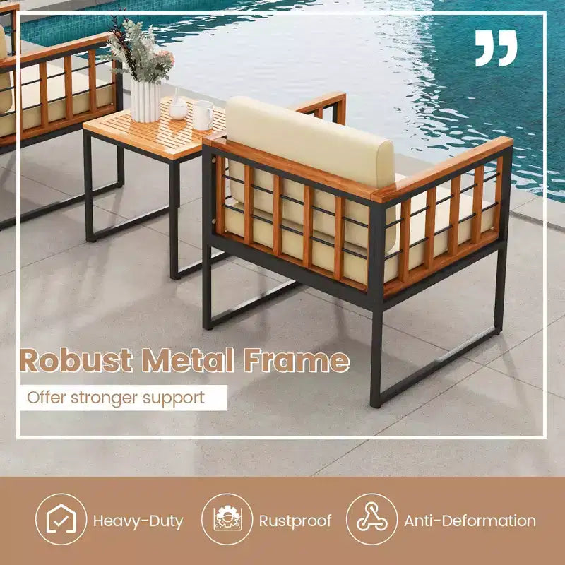 Costway Salon de jardin 3 pièces en bois d'acacia avec coussins moelleux et support en métal