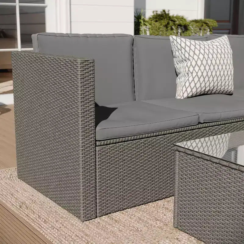 Merrick Lane Canapé d'angle en rotin synthétique tout temps avec table basse et coussins inclus