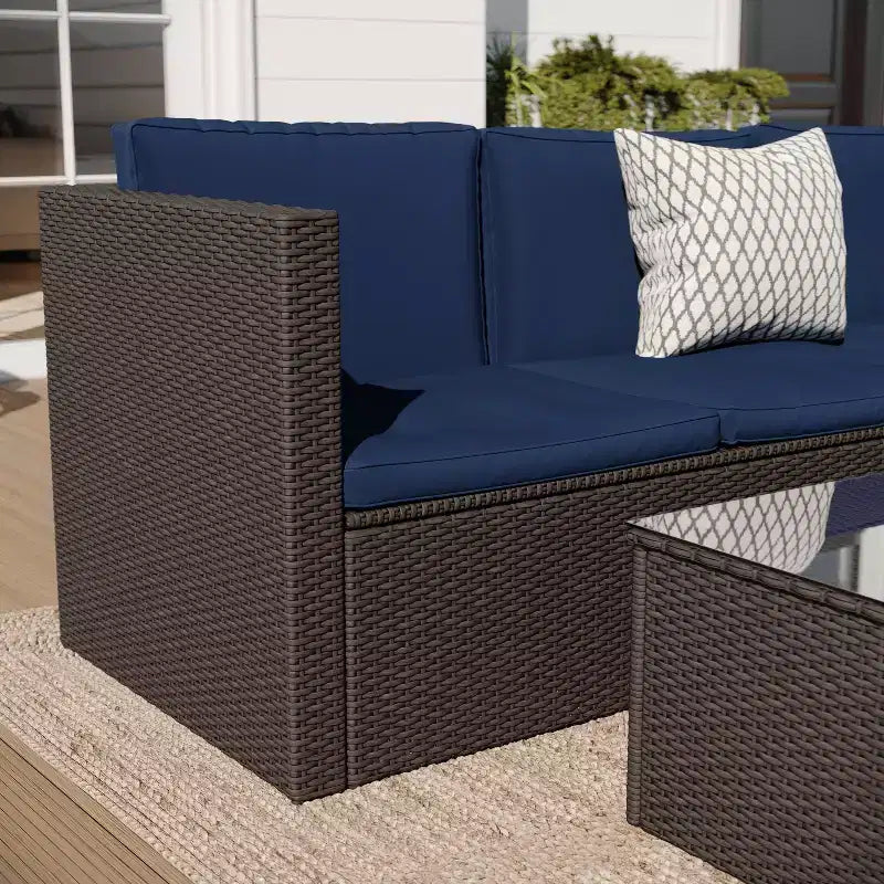 Merrick Lane Canapé d'angle en rotin synthétique tout temps avec table basse et coussins inclus