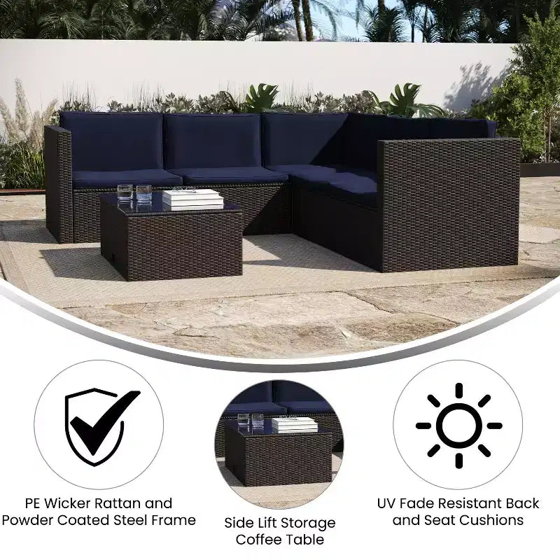Merrick Lane Canapé d'angle en rotin synthétique tout temps avec table basse et coussins inclus