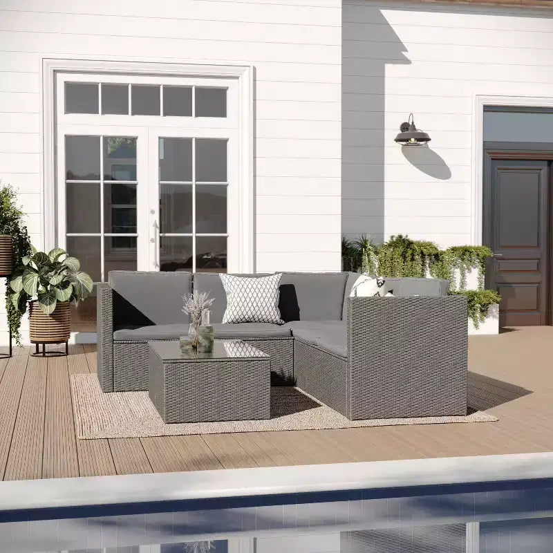 Merrick Lane Canapé d'angle en rotin synthétique tout temps avec table basse et coussins inclus