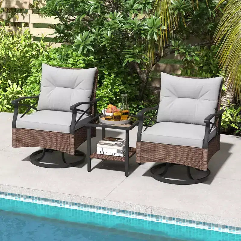 Costway Ensemble de 3 Pièces de Fauteuils Pivotants de Patio avec Table Basse à 2 Niveaux et Coussins de Dossier Confortables