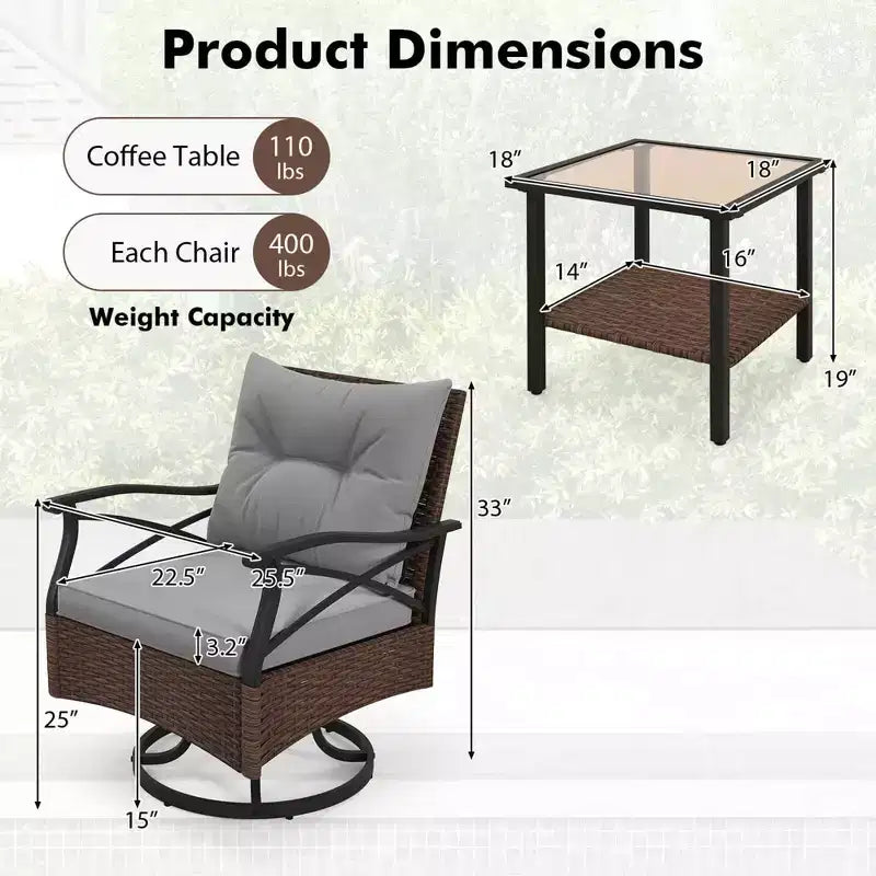 Costway Ensemble de 3 Pièces de Fauteuils Pivotants de Patio avec Table Basse à 2 Niveaux et Coussins de Dossier Confortables