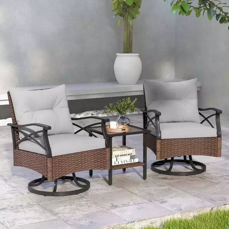 Costway Ensemble de 3 Pièces de Fauteuils Pivotants de Patio avec Table Basse à 2 Niveaux et Coussins de Dossier Confortables