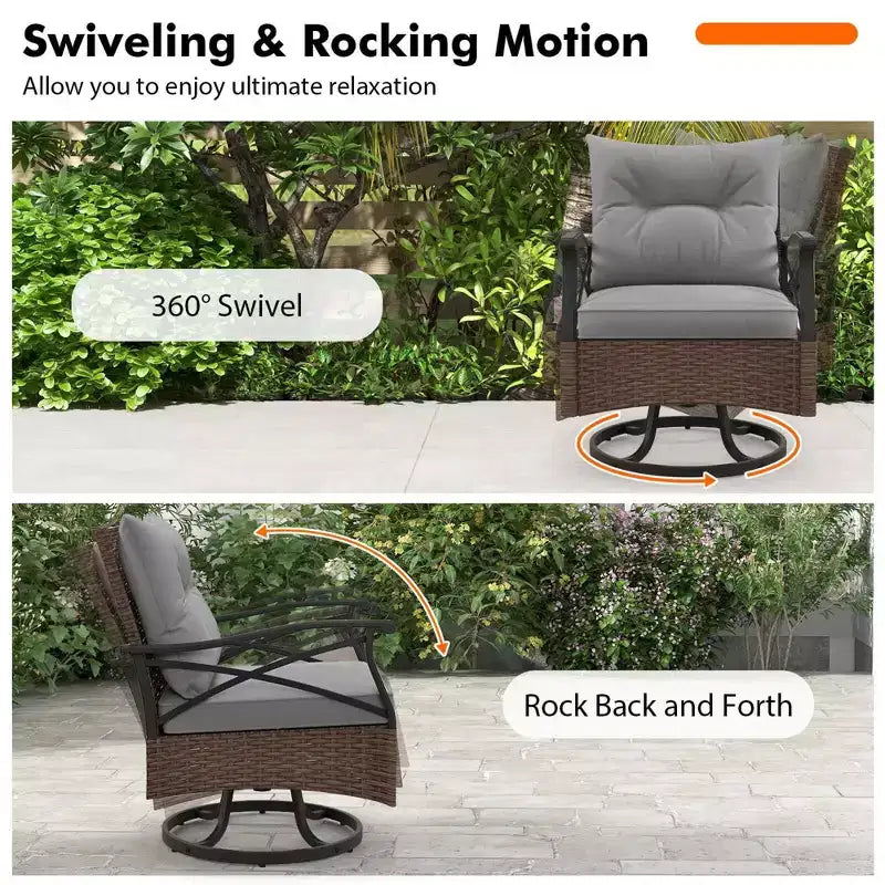 Costway Ensemble de 3 Pièces de Fauteuils Pivotants de Patio avec Table Basse à 2 Niveaux et Coussins de Dossier Confortables