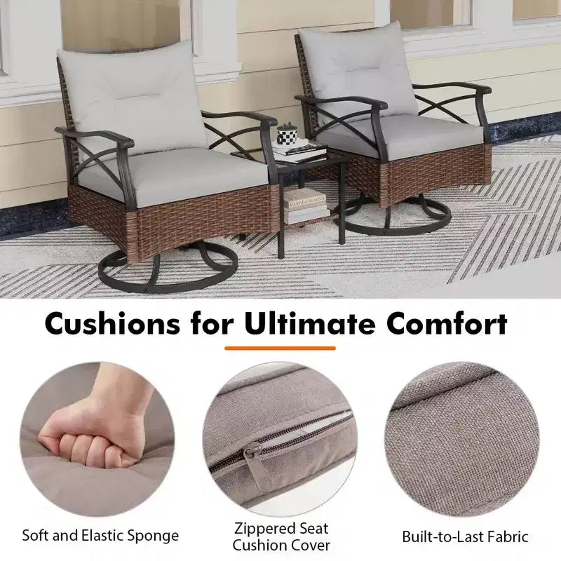 Costway Ensemble de 3 Pièces de Fauteuils Pivotants de Patio avec Table Basse à 2 Niveaux et Coussins de Dossier Confortables
