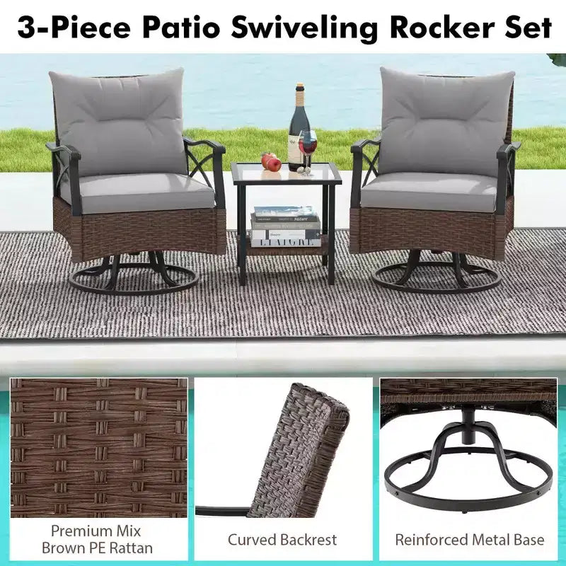 Costway Ensemble de 3 Pièces de Fauteuils Pivotants de Patio avec Table Basse à 2 Niveaux et Coussins de Dossier Confortables