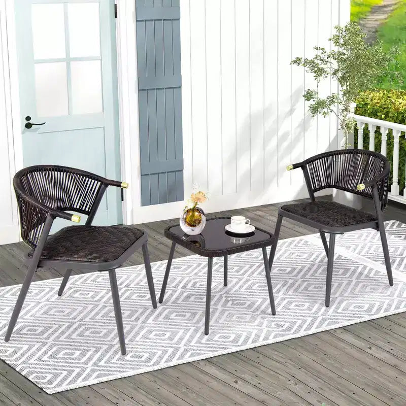 Costway Ensemble de Meubles de Jardin en Rotin 3 Pièces avec Plateau de Table en Verre Trempé et Sièges en Osier