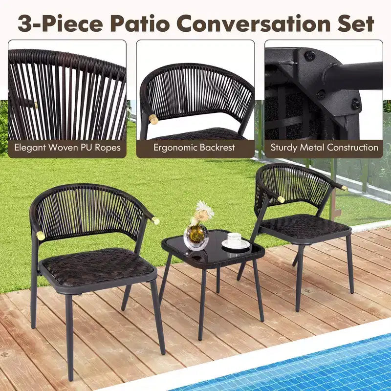 Costway Ensemble de Meubles de Jardin en Rotin 3 Pièces avec Plateau de Table en Verre Trempé et Sièges en Osier