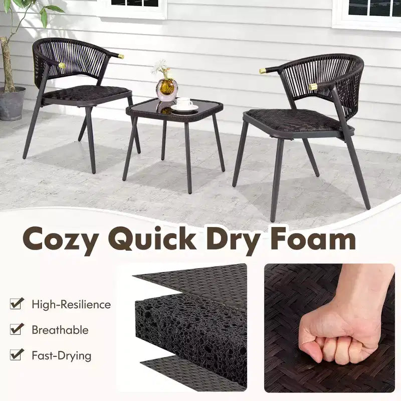 Costway Ensemble de Meubles de Jardin en Rotin 3 Pièces avec Plateau de Table en Verre Trempé et Sièges en Osier