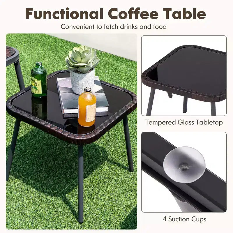 Costway Ensemble de Meubles de Jardin en Rotin 3 Pièces avec Plateau de Table en Verre Trempé et Sièges en Osier