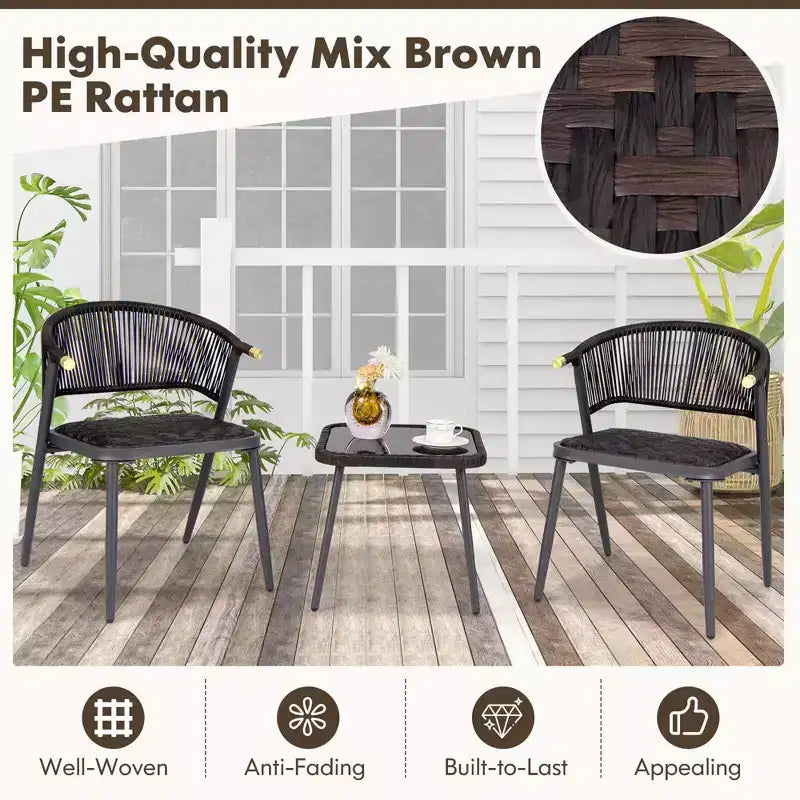 Costway Ensemble de Meubles de Jardin en Rotin 3 Pièces avec Plateau de Table en Verre Trempé et Sièges en Osier