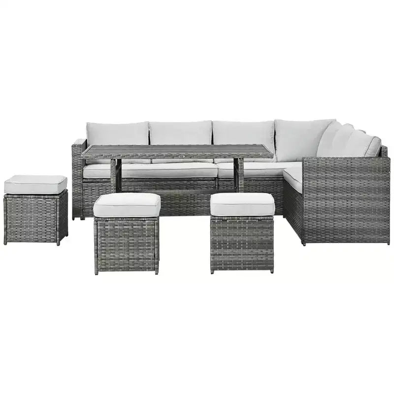 Ensemble de meubles de patio Outsunny 7 pièces, canapé d'angle extérieur en L avec 3 causeuses, 3 poufs, table à manger, coussins, rangement