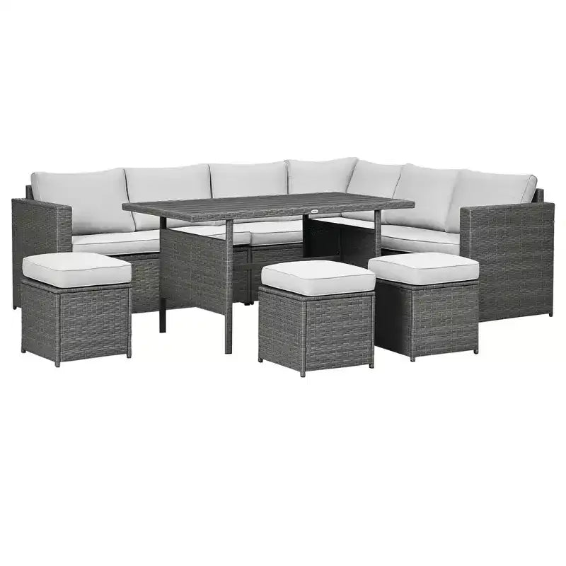 Ensemble de meubles de patio Outsunny 7 pièces, canapé d'angle extérieur en L avec 3 causeuses, 3 poufs, table à manger, coussins, rangement