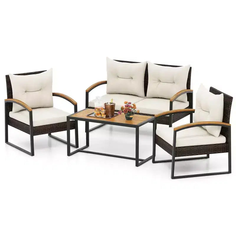 Ensemble de conversation de patio 4 pièces Costway avec table basse et accoudoirs en bois d'acacia massif