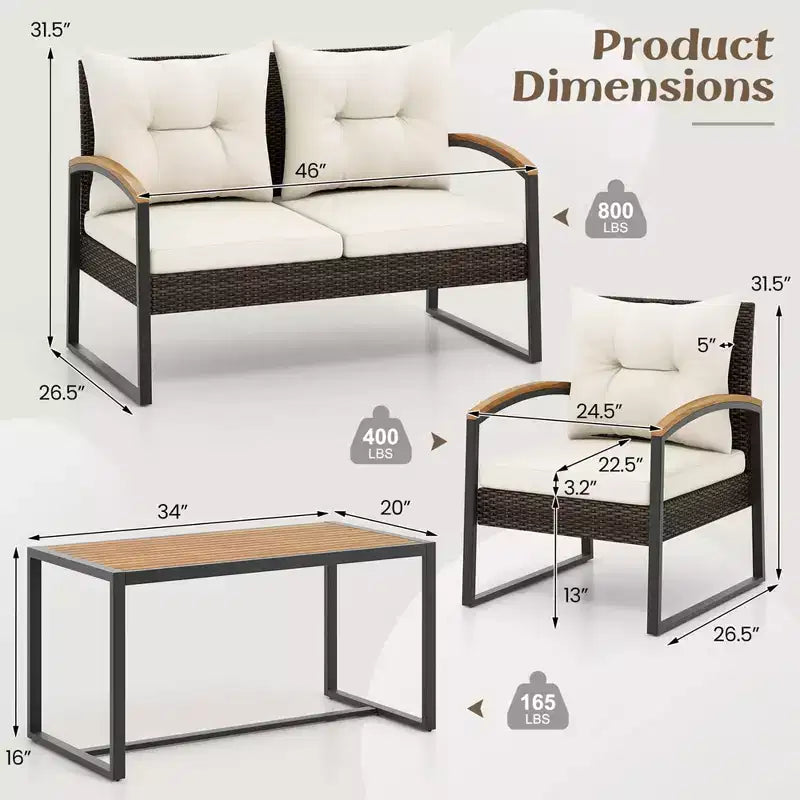 Ensemble de conversation de patio 4 pièces Costway avec table basse et accoudoirs en bois d'acacia massif