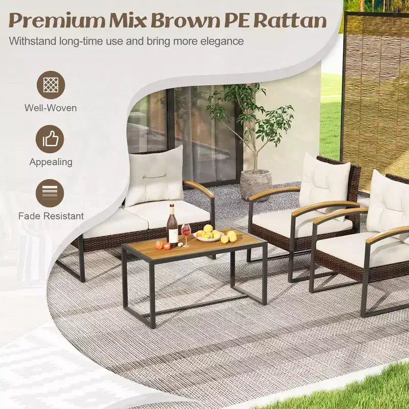 Ensemble de conversation de patio 4 pièces Costway avec table basse et accoudoirs en bois d'acacia massif