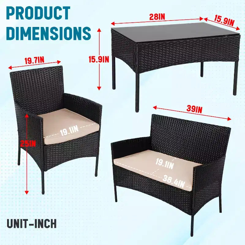 Ensemble de conversation 4 pièces FDW, résistant à l'eau, en osier pour patio, au bord de la piscine