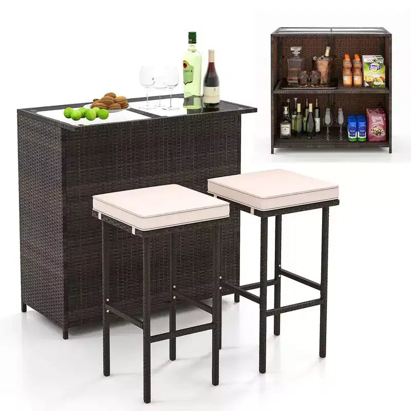 Costway Ensemble de bar de patio 3 pièces avec plateau de table en verre trempé, rangement à 2 niveaux, coussins amovibles