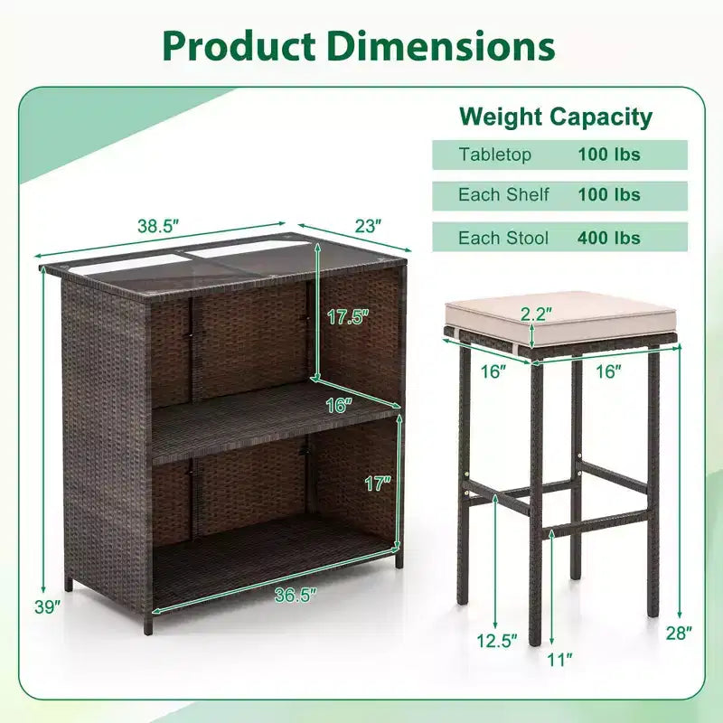 Costway Ensemble de bar de patio 3 pièces avec plateau de table en verre trempé, rangement à 2 niveaux, coussins amovibles