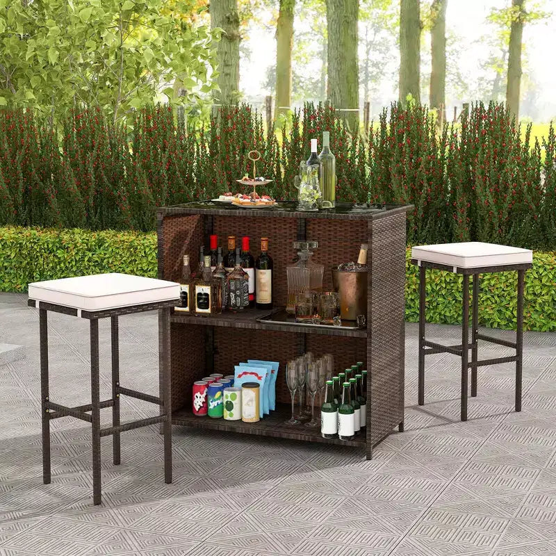 Costway Ensemble de bar de patio 3 pièces avec plateau de table en verre trempé, rangement à 2 niveaux, coussins amovibles