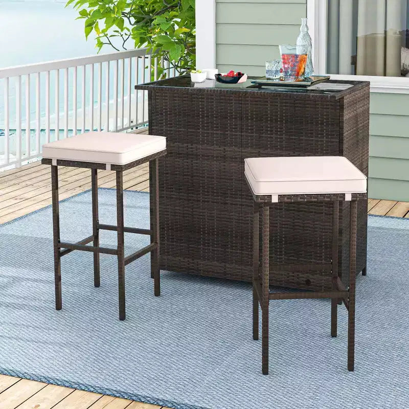 Costway Ensemble de bar de patio 3 pièces avec plateau de table en verre trempé, rangement à 2 niveaux, coussins amovibles