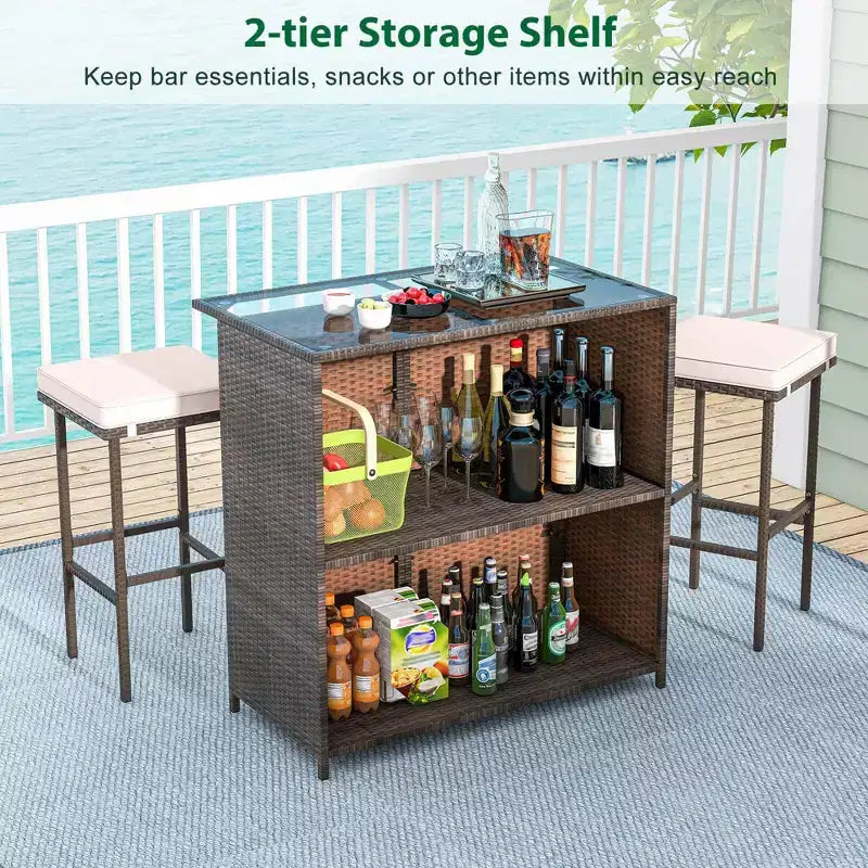 Costway Ensemble de bar de patio 3 pièces avec plateau de table en verre trempé, rangement à 2 niveaux, coussins amovibles