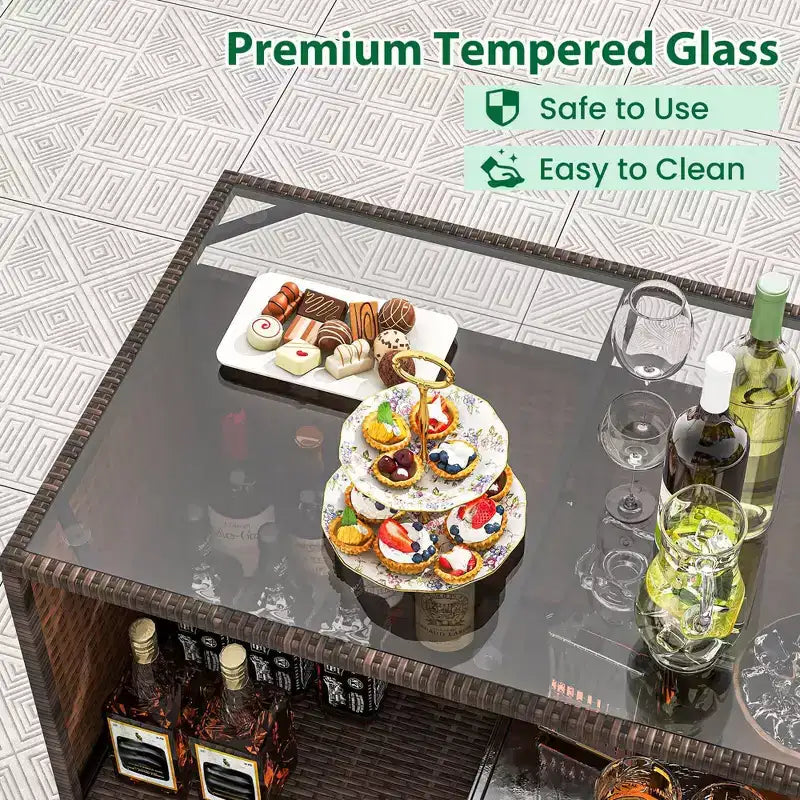 Costway Ensemble de bar de patio 3 pièces avec plateau de table en verre trempé, rangement à 2 niveaux, coussins amovibles