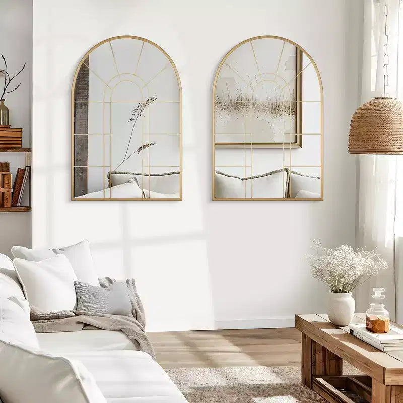 Dovelina 41W x 28W Arched Window Pane Mirror Decorative Wall Mirror with Metal Frame for Living Room Entryway Bedroom Black/Gold