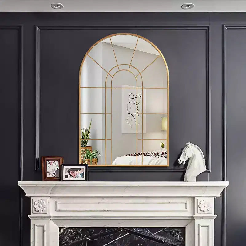 Dovelina 41W x 28W Arched Window Pane Mirror Decorative Wall Mirror with Metal Frame for Living Room Entryway Bedroom Black/Gold